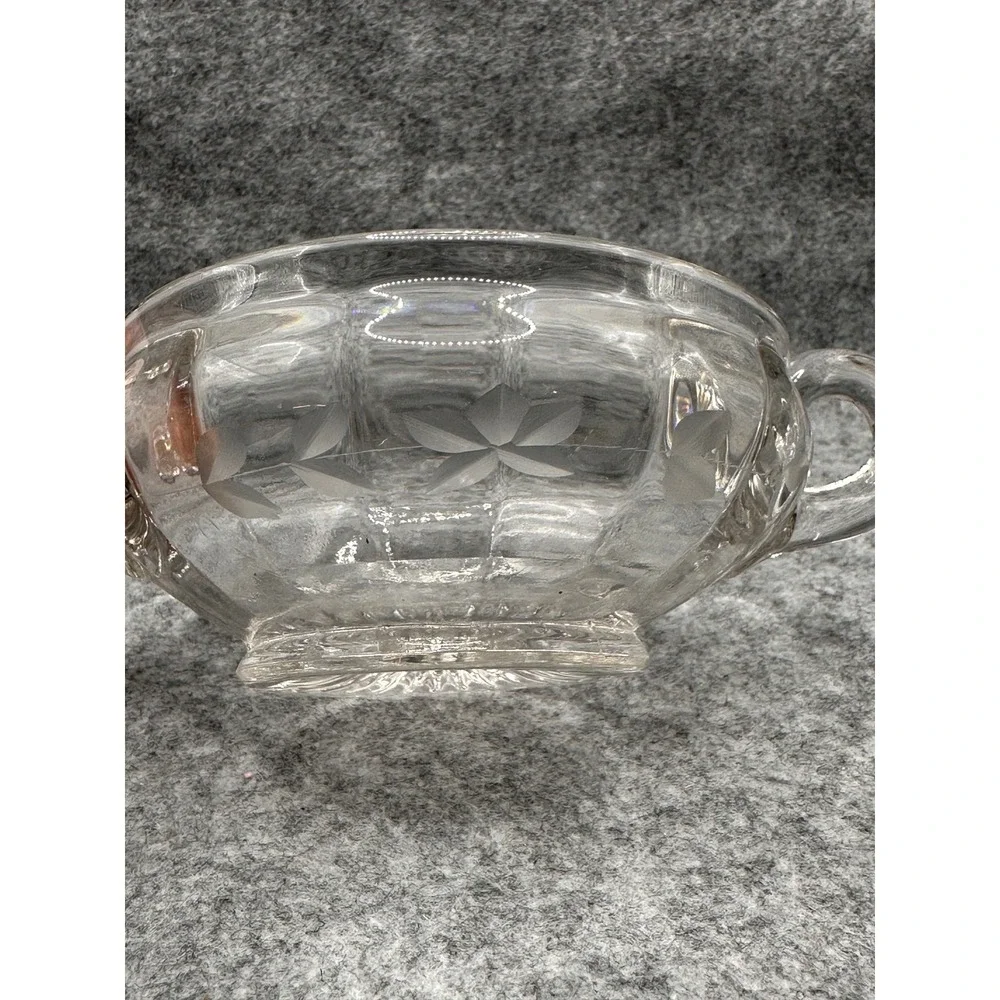 Vtg  Clear Pressed Glass Sugar Bowl Etched Floral Double Handle Starburst Base